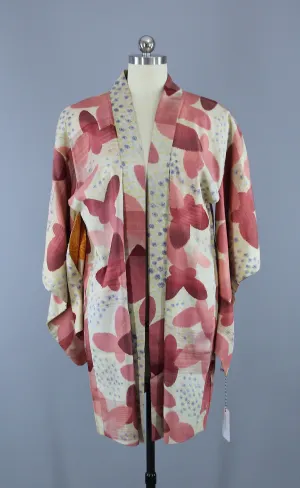 1930s Vintage Silk Haori Kimono Jacket Cardigan with Pink Butterflies
