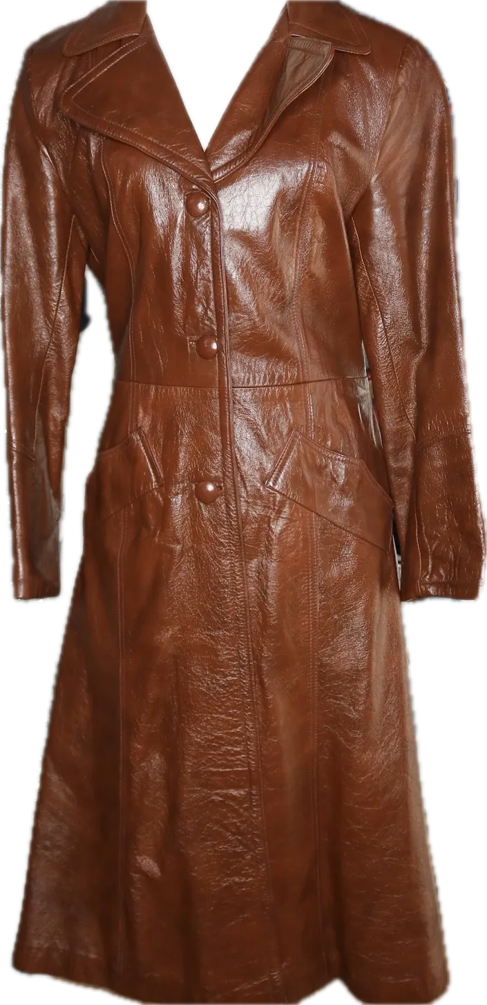 70s Leather Wet Look Trench Coat       Medium