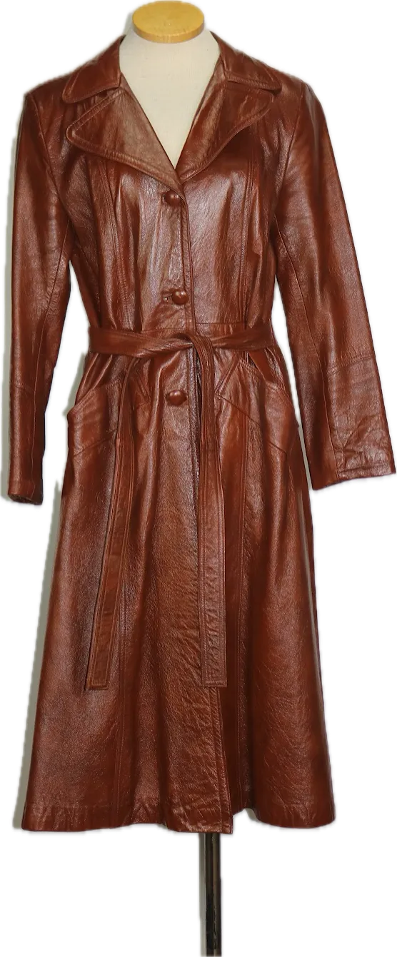 70s Leather Wet Look Trench Coat       Medium