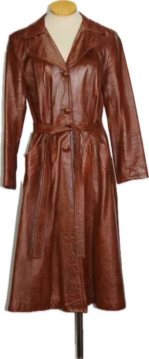 70s Leather Wet Look Trench Coat       Medium