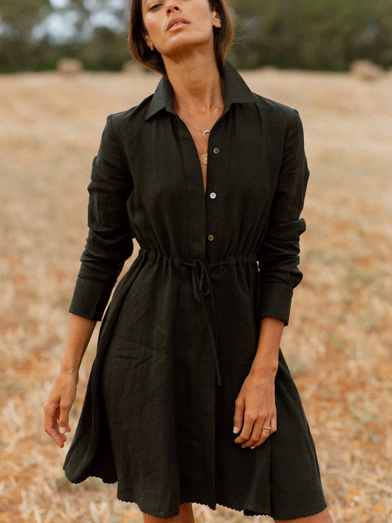 Amalfi Short Linen Dress, Black