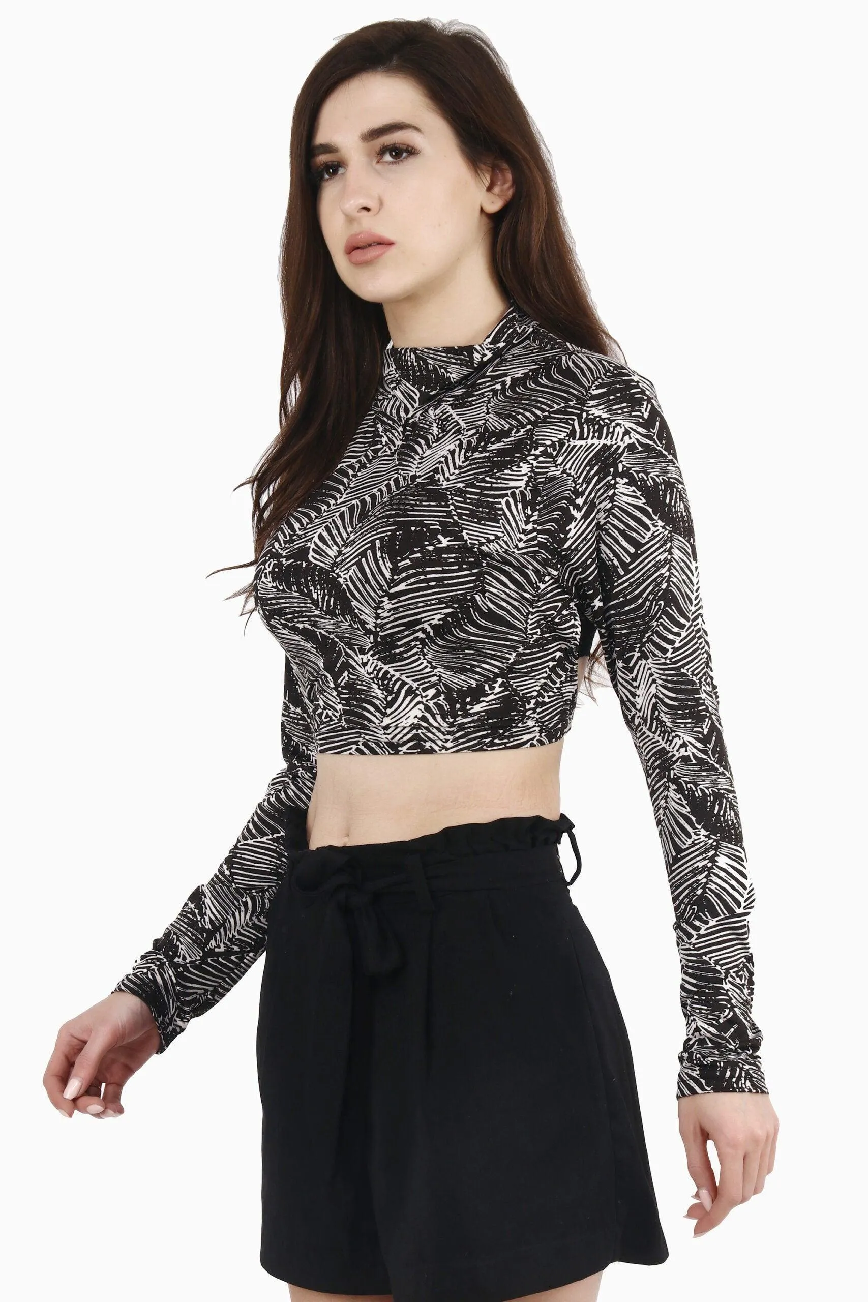 Black & White Leaves Printed Backless Tie Top