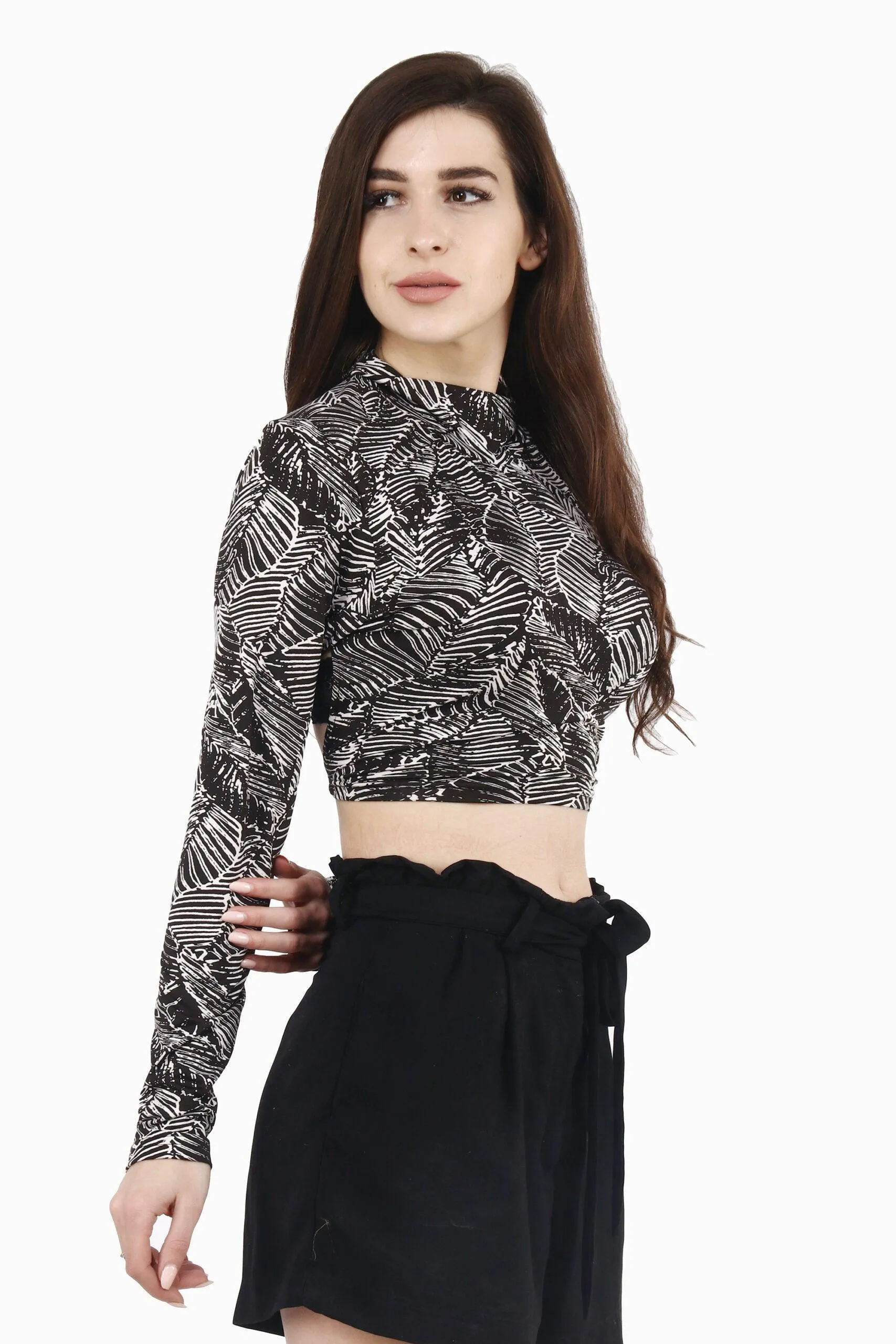 Black & White Leaves Printed Backless Tie Top