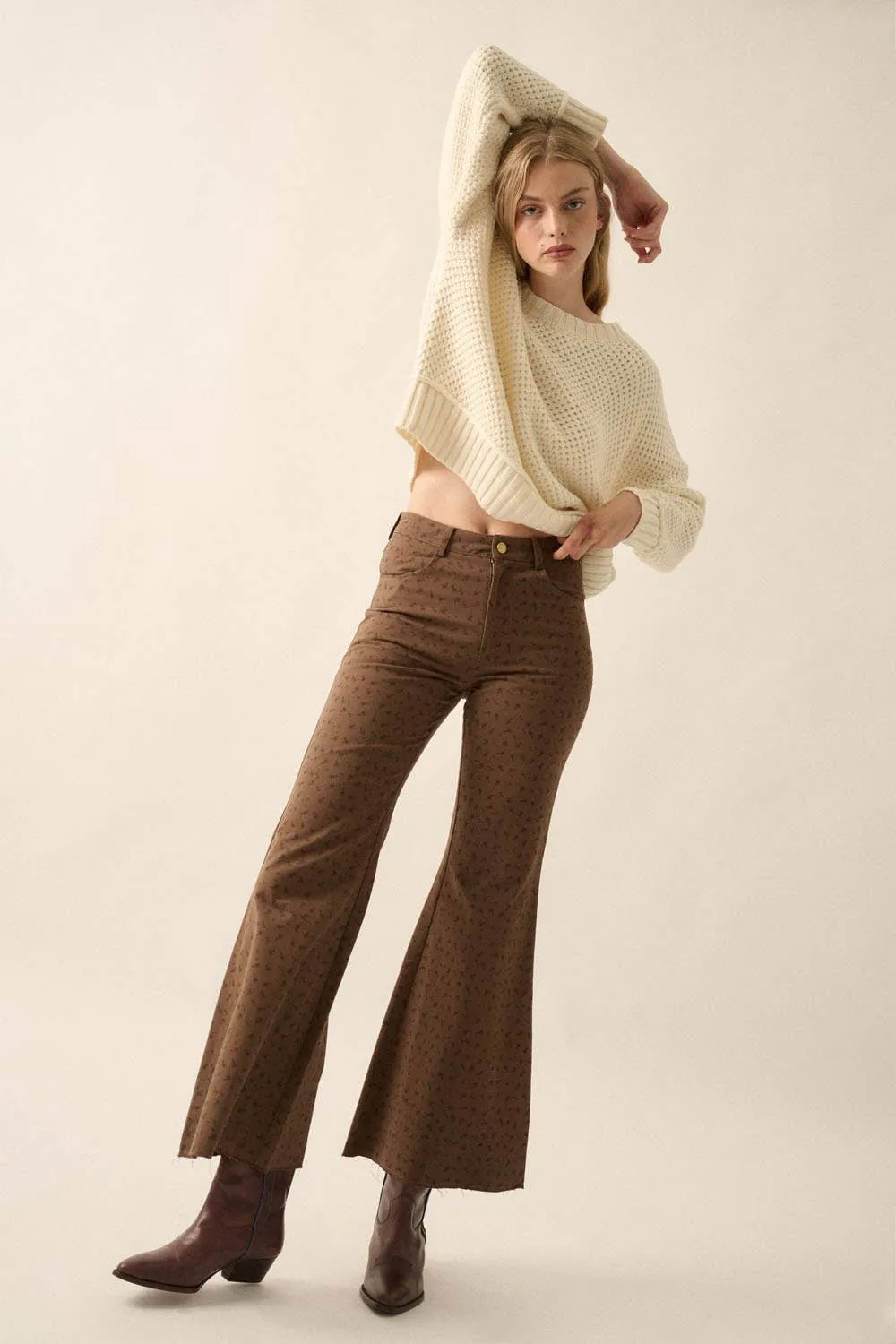 Brown Floral High-Waist Flare Pants