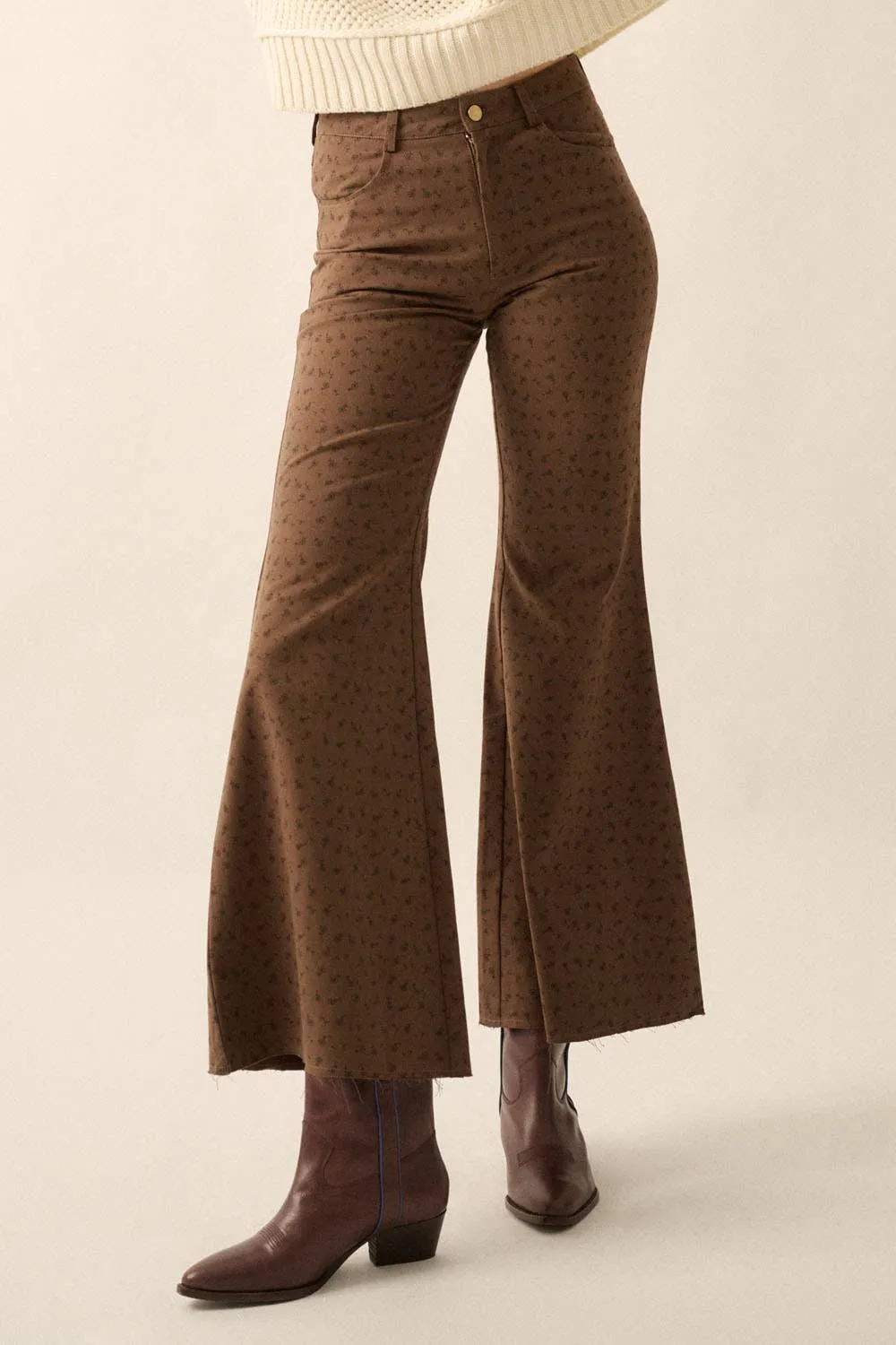 Brown Floral High-Waist Flare Pants