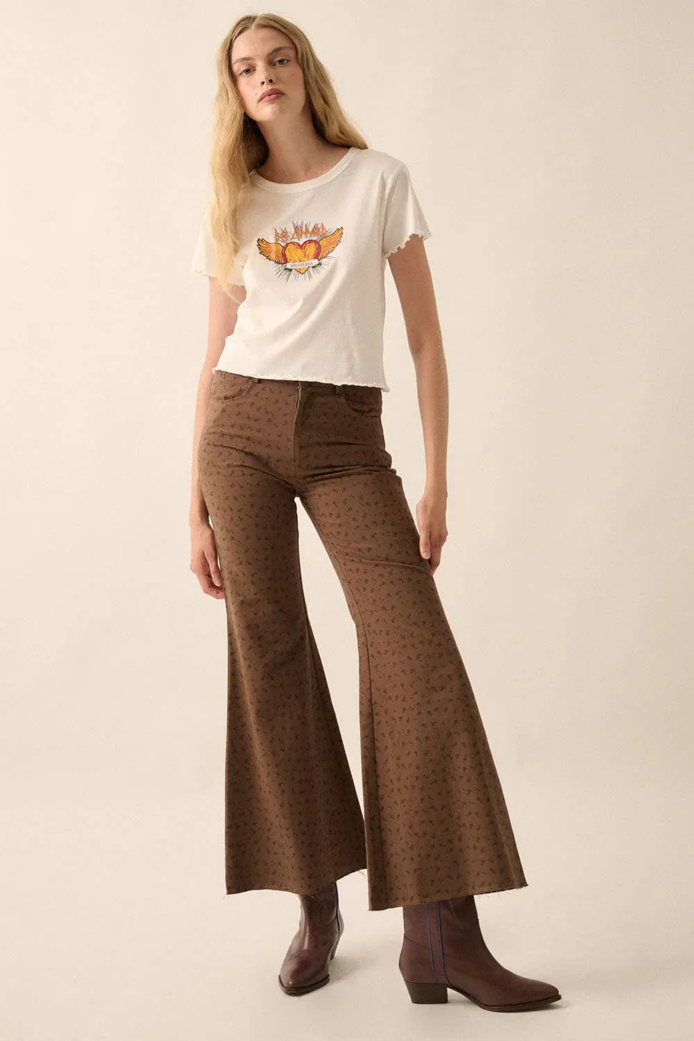 Brown Floral High-Waist Flare Pants