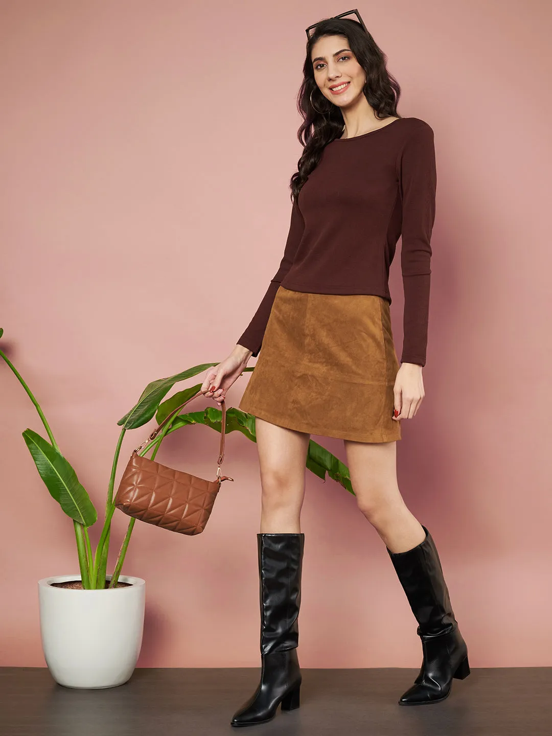 Casual Regular Sleeves Solid Women Brown Top
