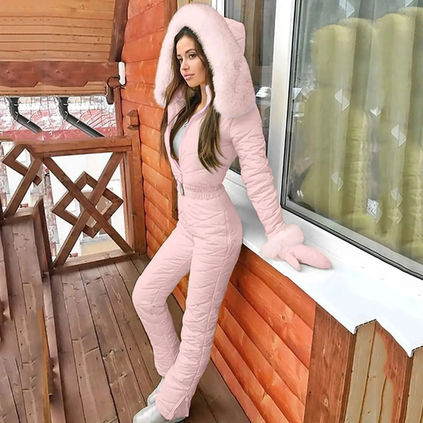 Classy fur Pink Ski Suit thick hot Snowboard Skinsuit snowboard outfit