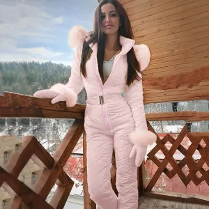 Classy fur Pink Ski Suit thick hot Snowboard Skinsuit snowboard outfit