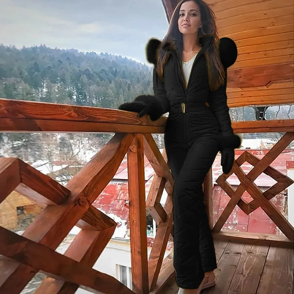 Classy fur Pink Ski Suit thick hot Snowboard Skinsuit snowboard outfit