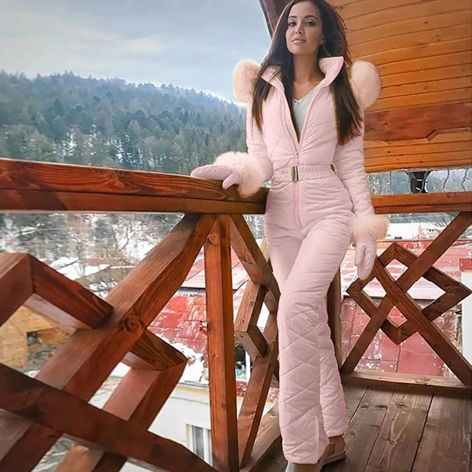 Classy fur Pink Ski Suit thick hot Snowboard Skinsuit snowboard outfit