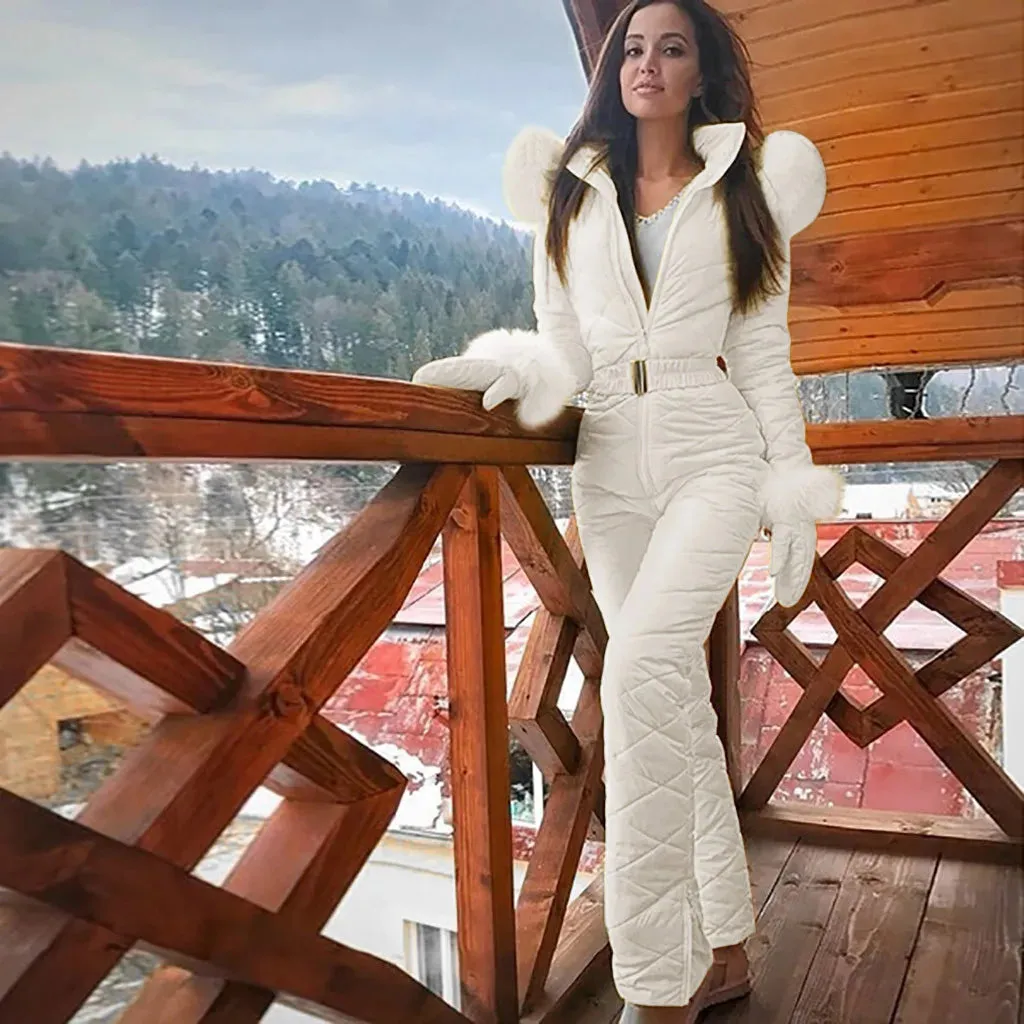 Classy fur Pink Ski Suit thick hot Snowboard Skinsuit snowboard outfit