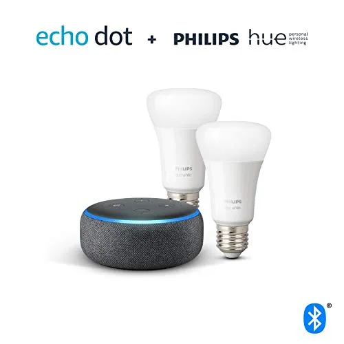 Echo Dot (3rd Gen), Charcoal Fabric   Philips Hue White Smart Bulb Twin Pack LED (E27) | Bluetooth & ZigBee compatible (no hub required)