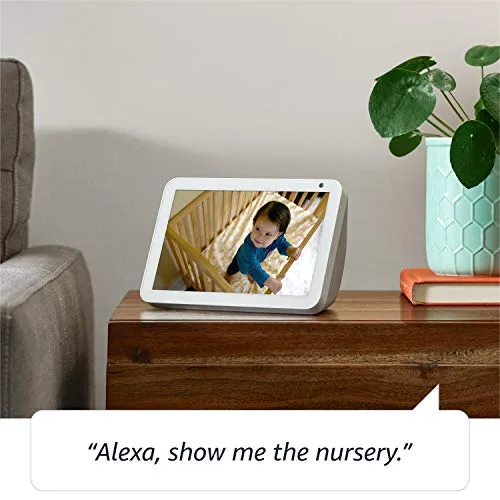 Echo Show 8, Sandstone Fabric   Philips Hue White Smart Bulb Twin Pack LED (B22) | Bluetooth & ZigBee compatible (no hub required)