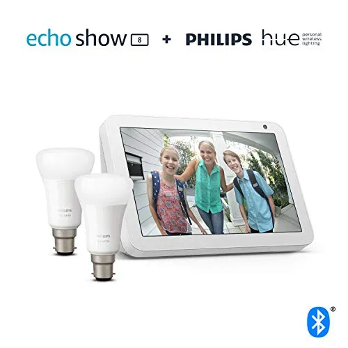 Echo Show 8, Sandstone Fabric   Philips Hue White Smart Bulb Twin Pack LED (B22) | Bluetooth & ZigBee compatible (no hub required)