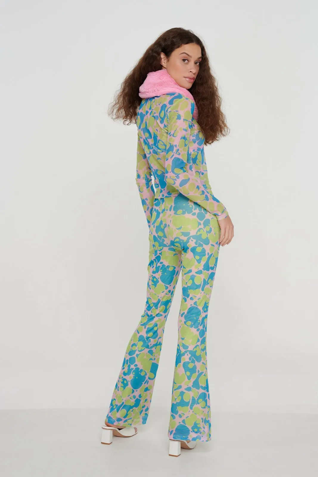 Fur Collar Button Front Mesh Top