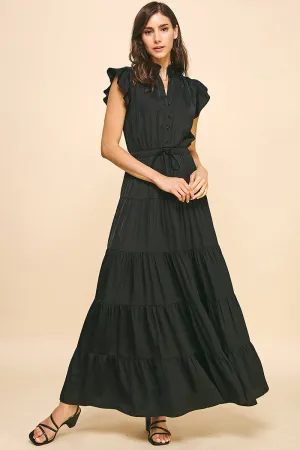 Liza Black Satin Tiered  Maxi PINCH Dress