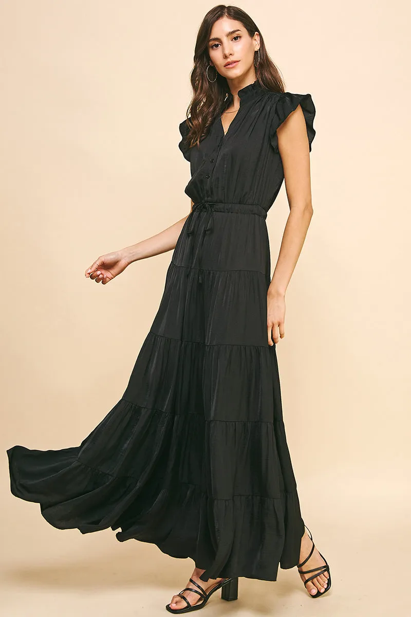 Liza Black Satin Tiered  Maxi PINCH Dress