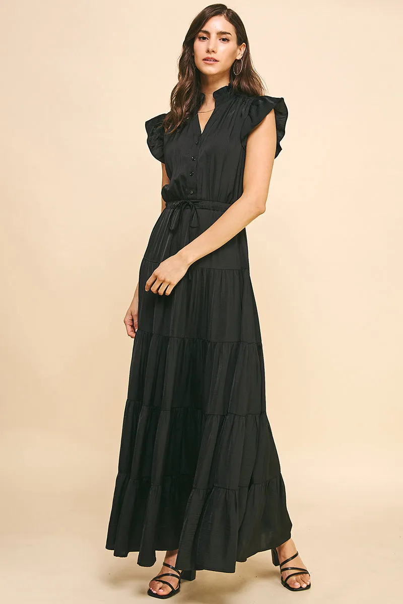 Liza Black Satin Tiered  Maxi PINCH Dress