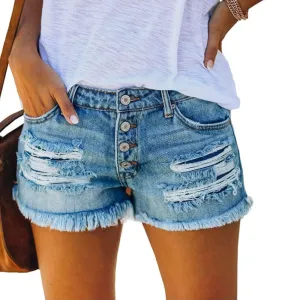 Mid Rise Denim Shorts – Stylish Raw Hem with Button Fly and Pockets