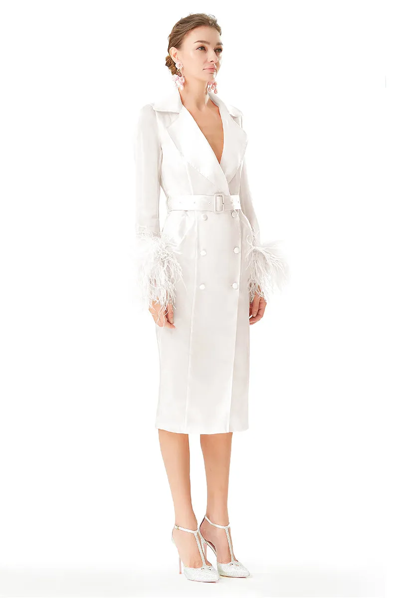 Ostrich Feathers Embellished Sleeves Silk Gazar Trench Coat in White