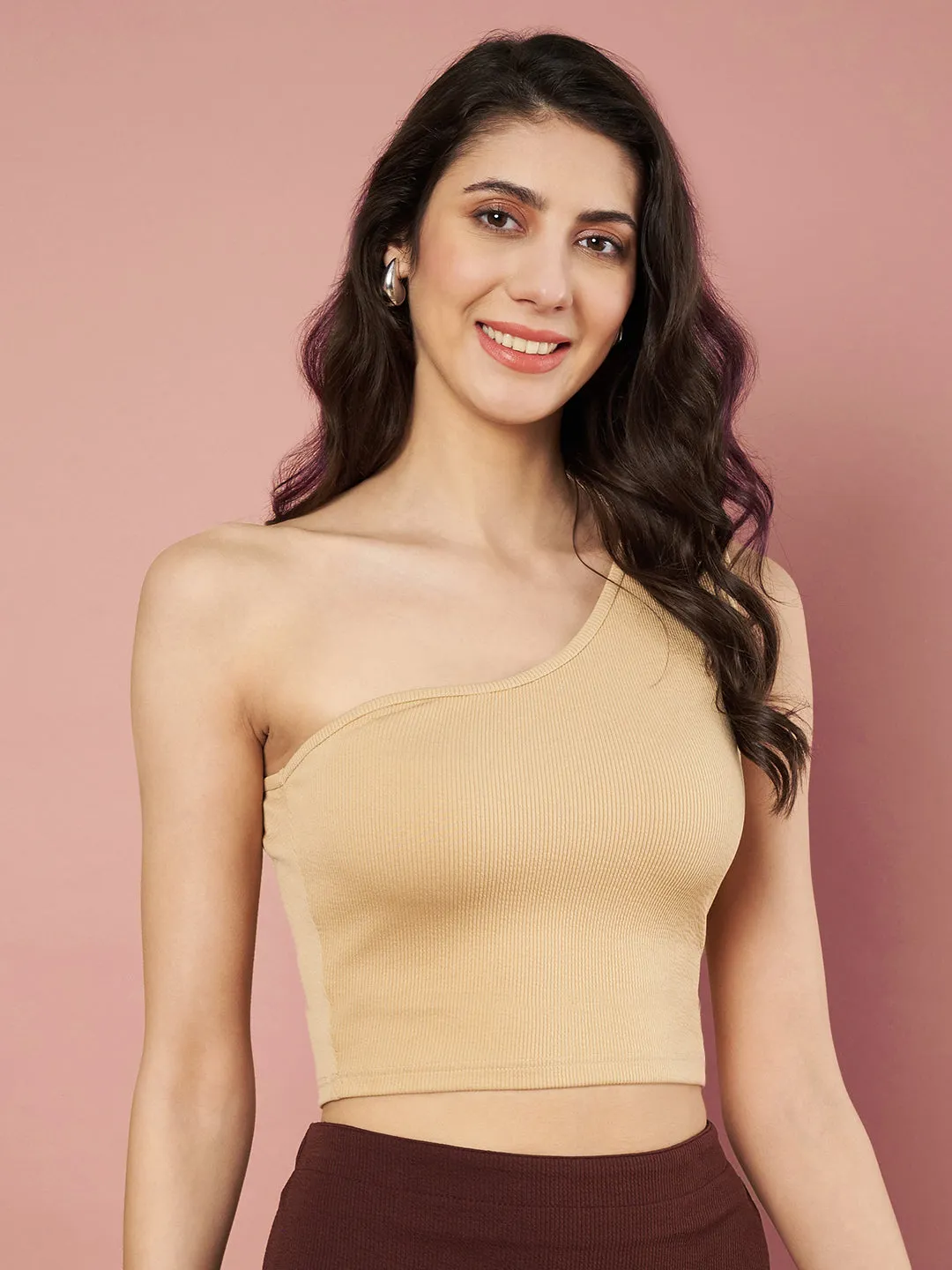 Party One Shoulder Sleeves Solid Women Beige Top