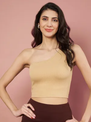 Party One Shoulder Sleeves Solid Women Beige Top