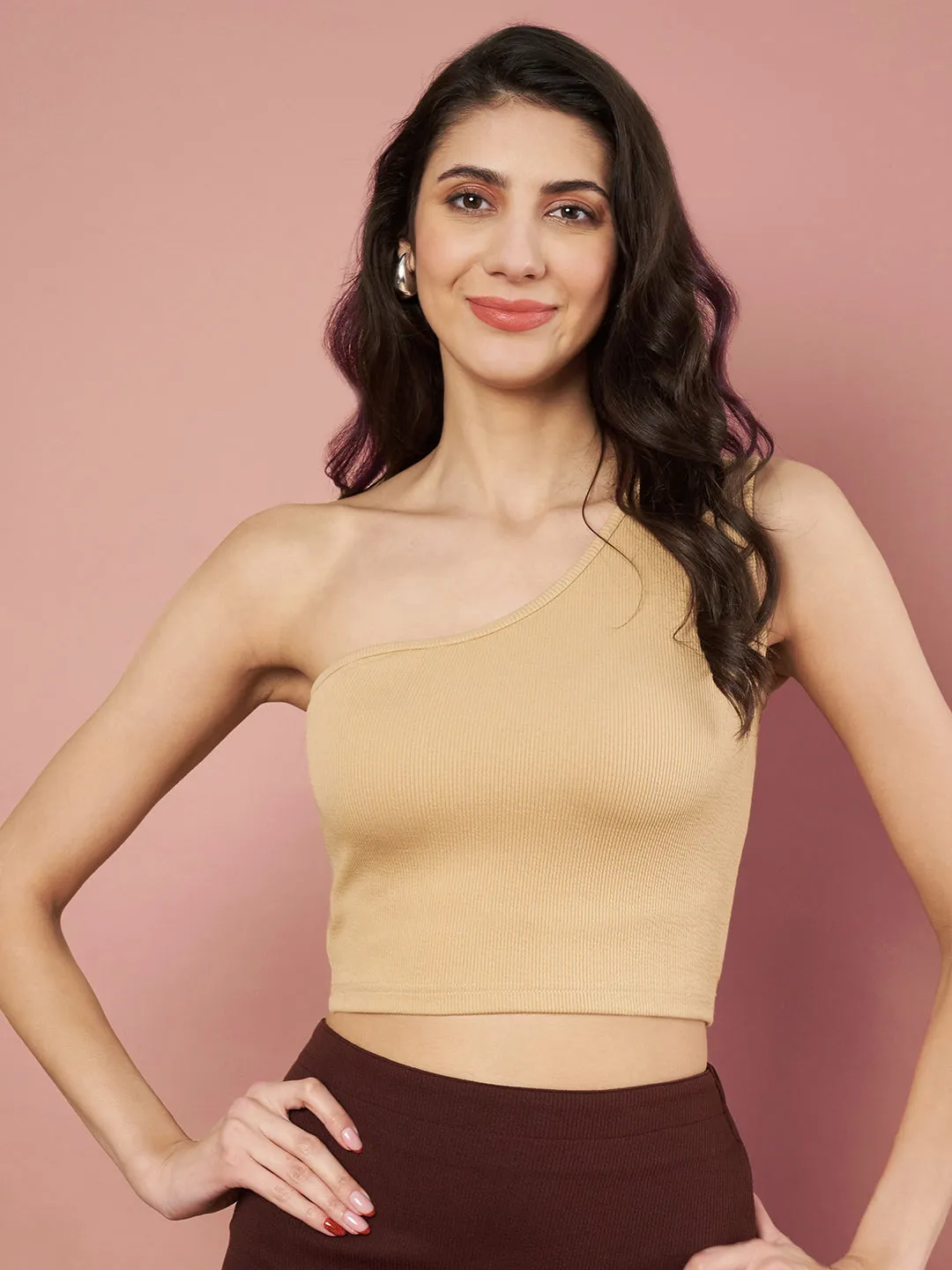 Party One Shoulder Sleeves Solid Women Beige Top