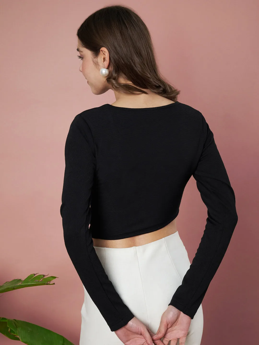 Party Regular Sleeves Solid Women Black Crop Top