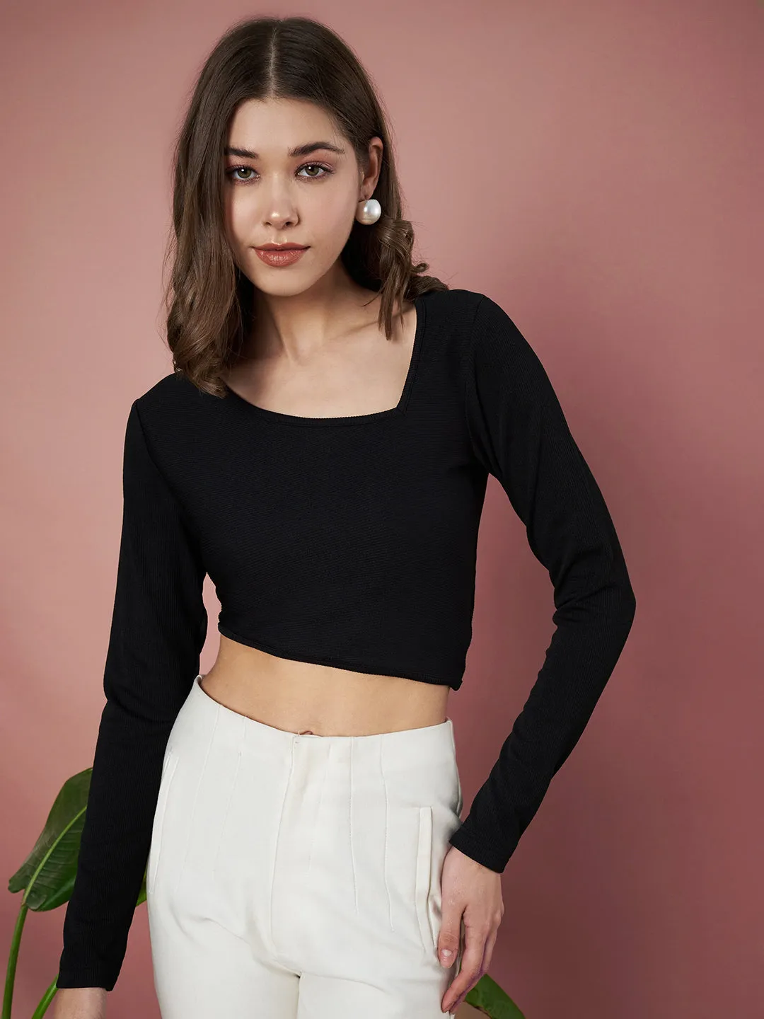 Party Regular Sleeves Solid Women Black Crop Top
