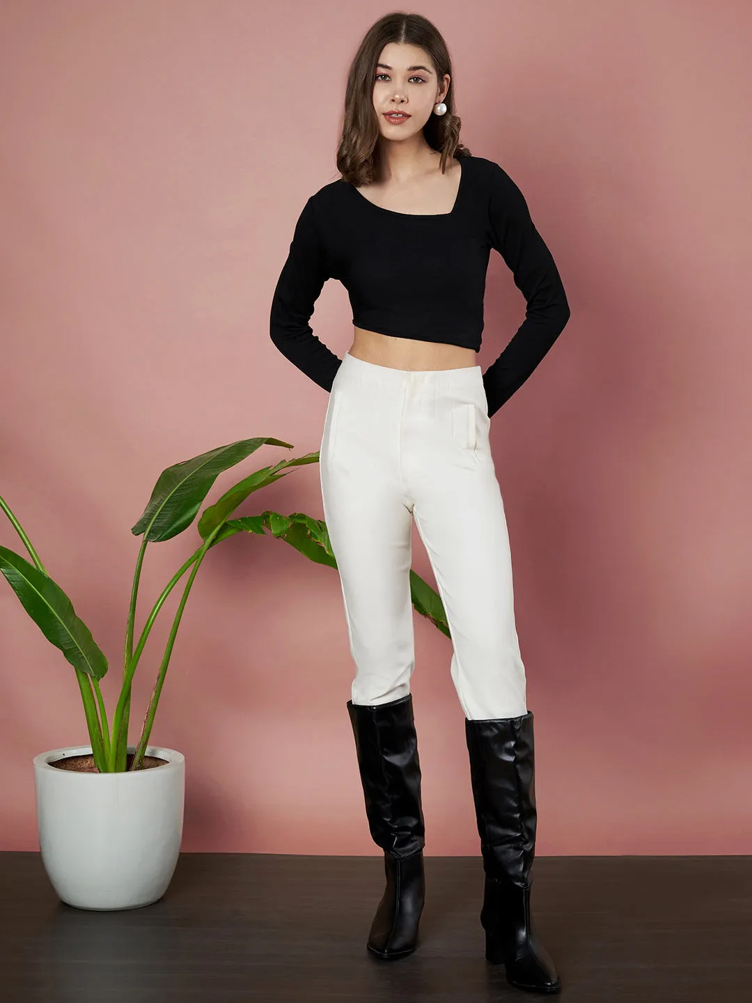 Party Regular Sleeves Solid Women Black Crop Top