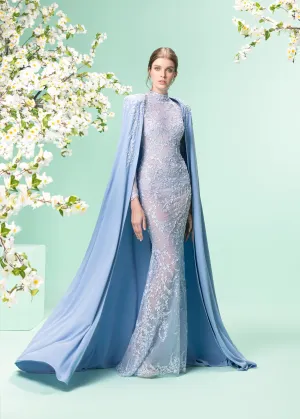 Purple Blue Embroidered Dress With Cape-2505 Online UAE