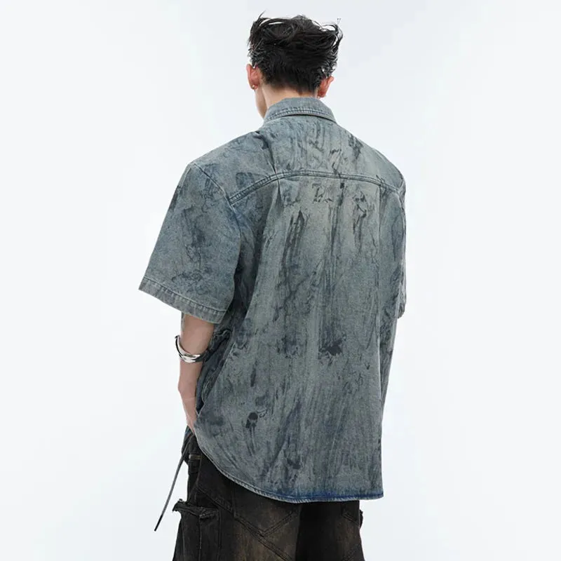 Short Sleeved Denim Jacket Brushed Worn-out Design Shirt Tops Summer Turn-down Collar Vintage Pockets Male Clothing 24E1010