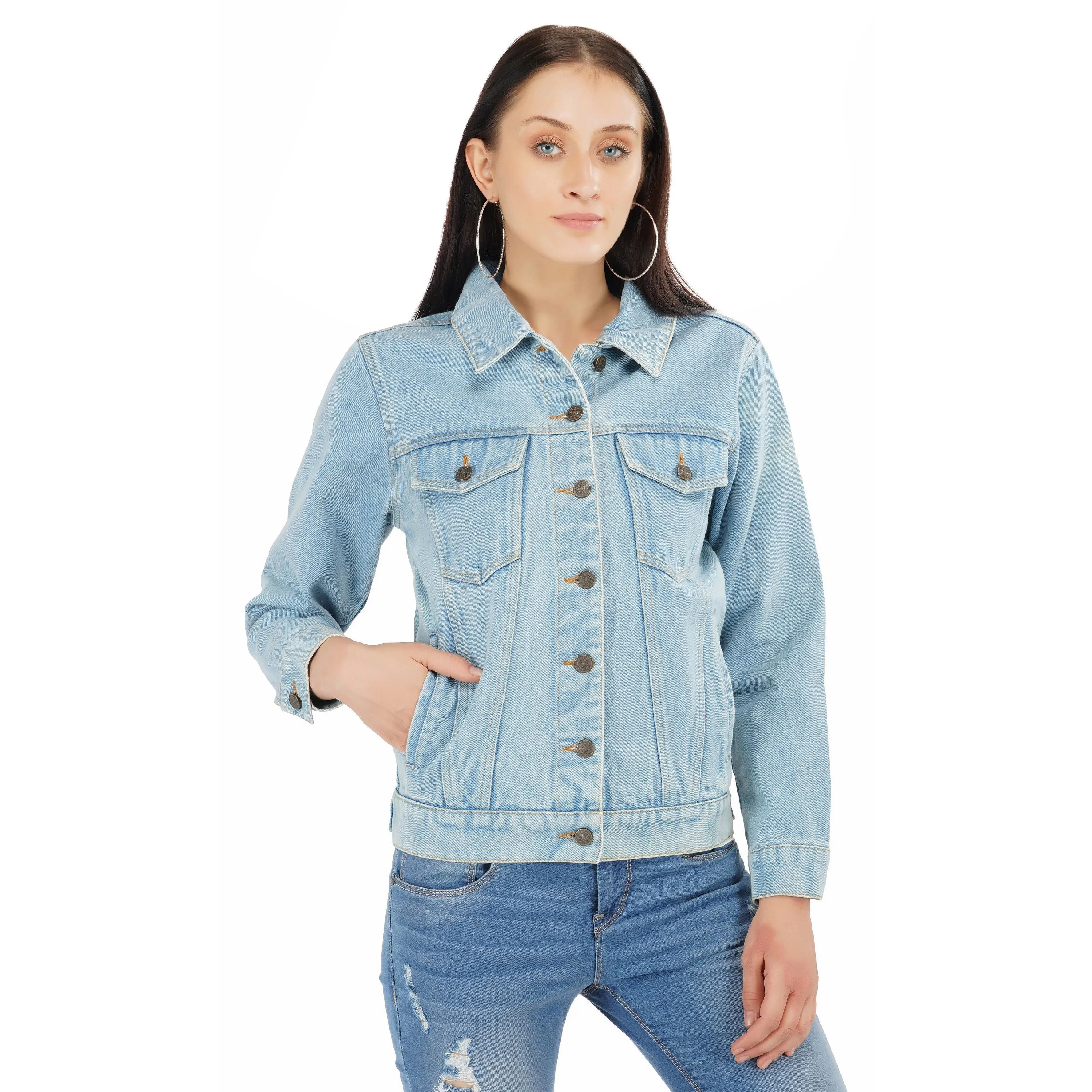 SLAY. Women's Washed Denim Button-Down Vintage Biker Jacket