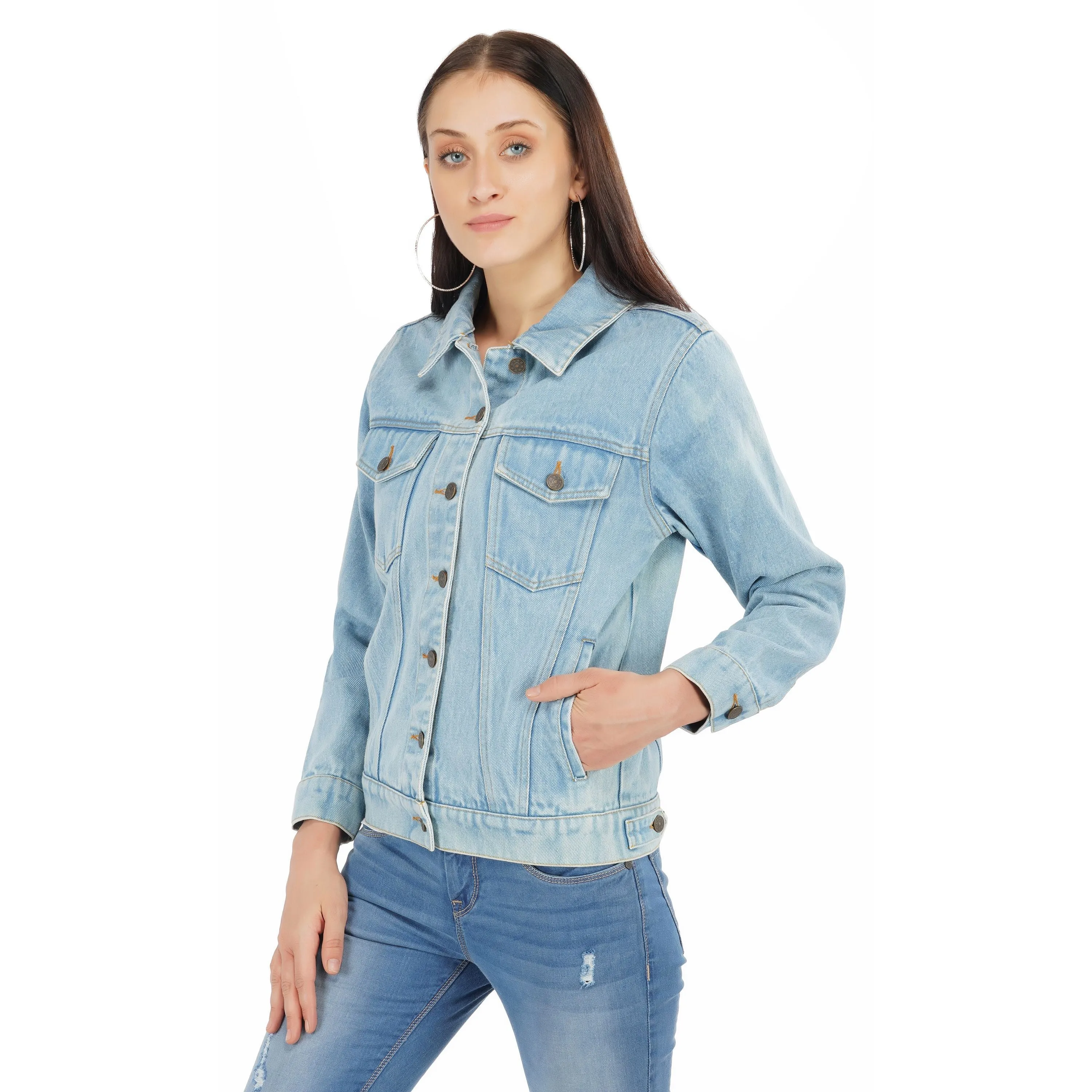 SLAY. Women's Washed Denim Button-Down Vintage Biker Jacket