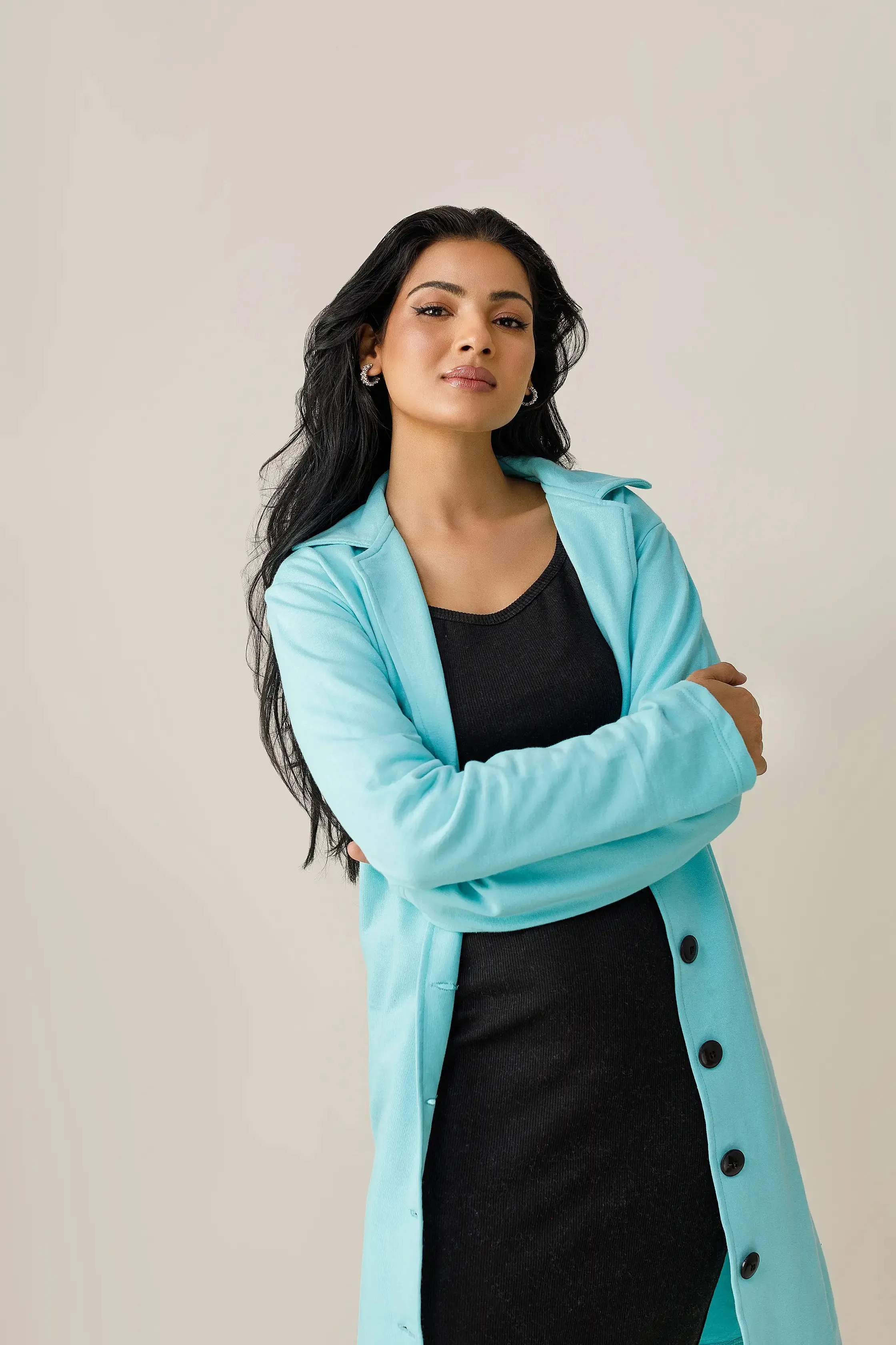 Turquoise Button Down Short Lapel Coat