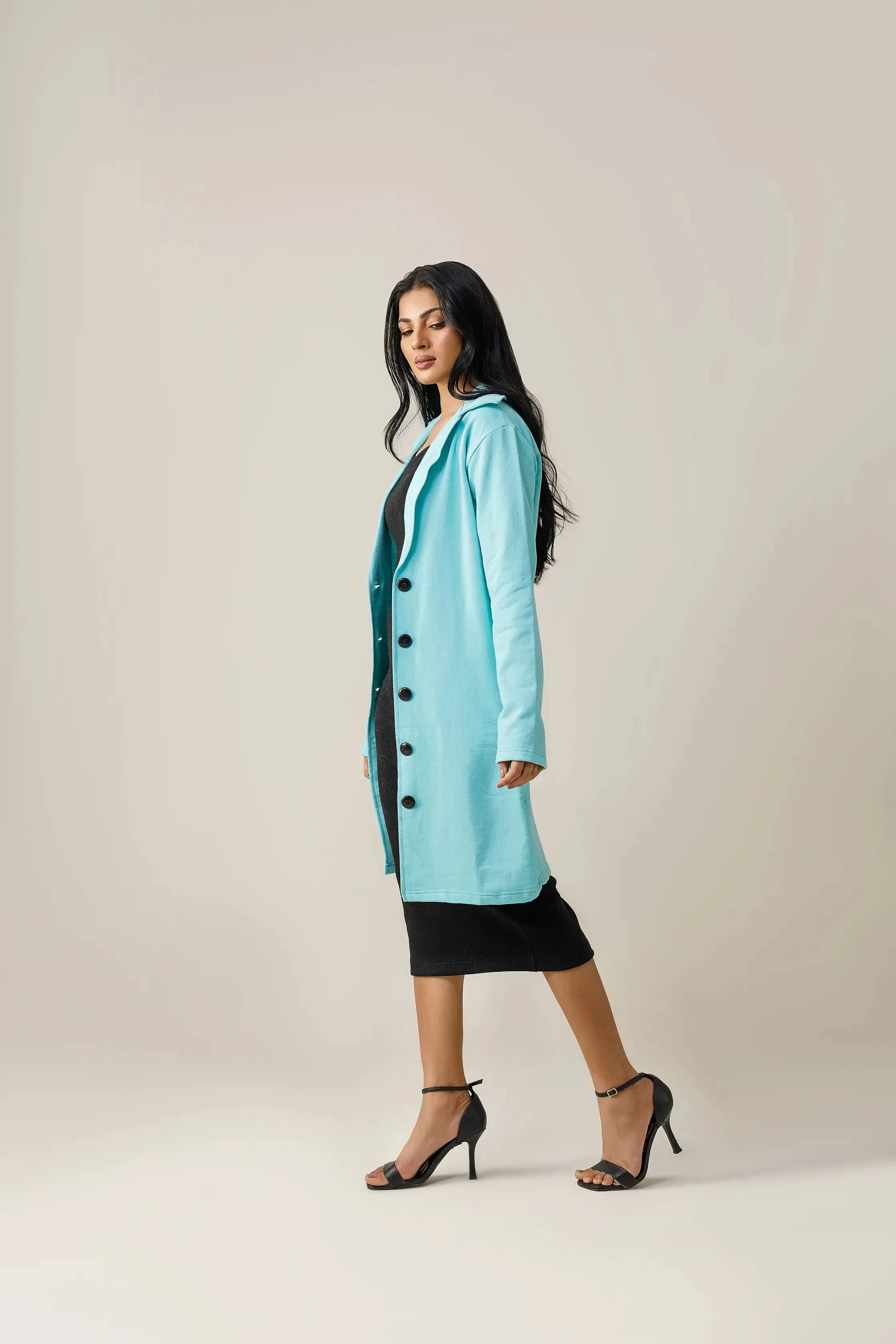 Turquoise Button Down Short Lapel Coat