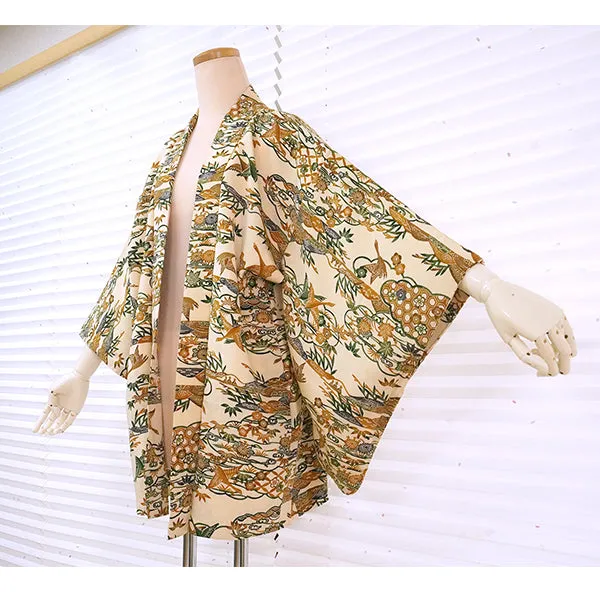 Vintage Haori Kimono Jacket Silk, Beige base, Plum Blossoms and Scenic Landscape