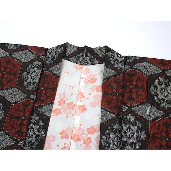 Vintage Haori Kimono Jacket Silk, Black & Red base, Tortoiseshell Pattern (Kikkō)