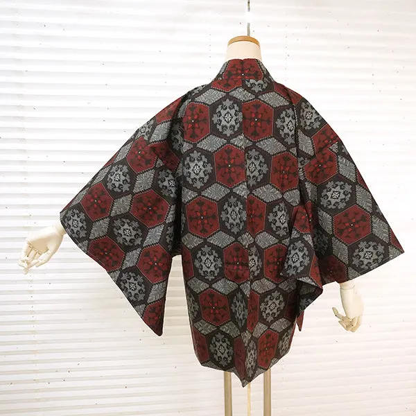 Vintage Haori Kimono Jacket Silk, Black & Red base, Tortoiseshell Pattern (Kikkō)