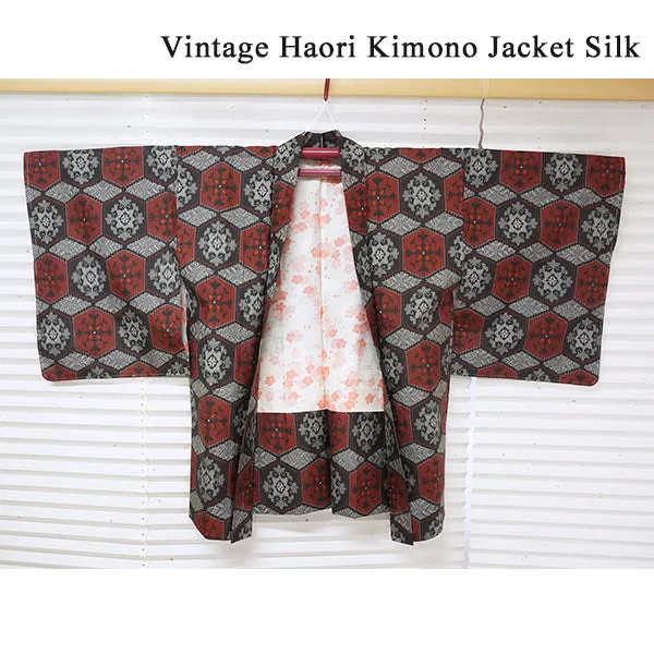 Vintage Haori Kimono Jacket Silk, Black & Red base, Tortoiseshell Pattern (Kikkō)