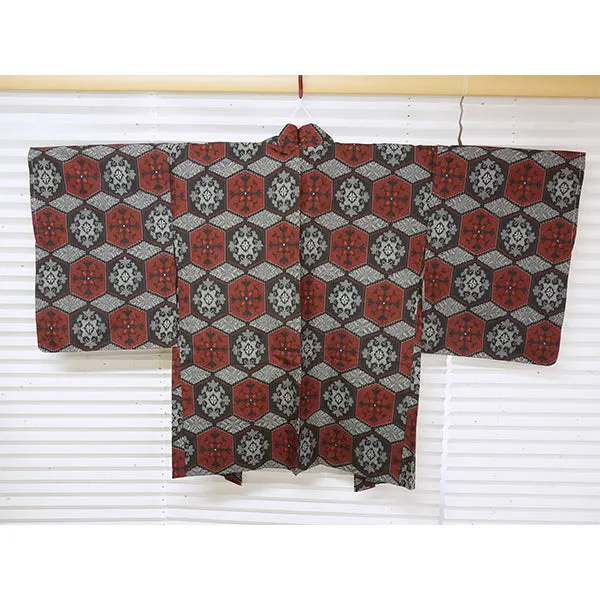 Vintage Haori Kimono Jacket Silk, Black & Red base, Tortoiseshell Pattern (Kikkō)
