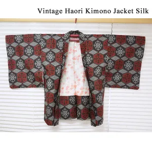Vintage Haori Kimono Jacket Silk, Black & Red base, Tortoiseshell Pattern (Kikkō)