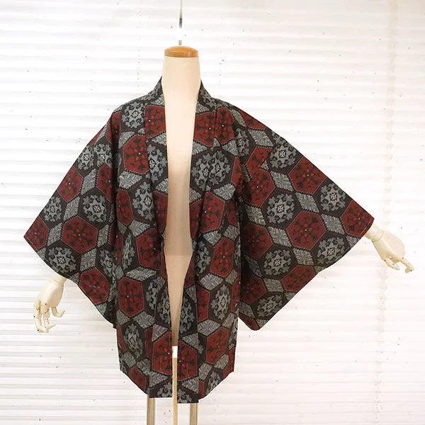 Vintage Haori Kimono Jacket Silk, Black & Red base, Tortoiseshell Pattern (Kikkō)