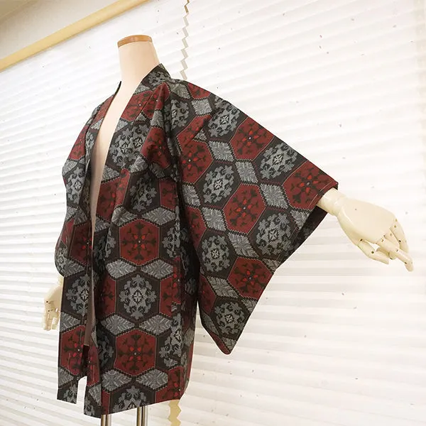 Vintage Haori Kimono Jacket Silk, Black & Red base, Tortoiseshell Pattern (Kikkō)