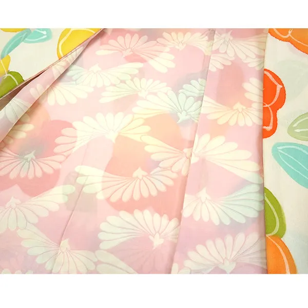 Vintage Haori Kimono Jacket Silk,Soft White base, Vibrant Camellia Flowers