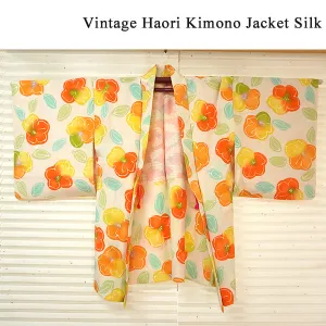 Vintage Haori Kimono Jacket Silk,Soft White base, Vibrant Camellia Flowers