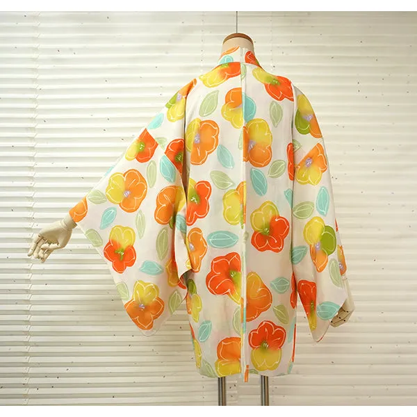 Vintage Haori Kimono Jacket Silk,Soft White base, Vibrant Camellia Flowers