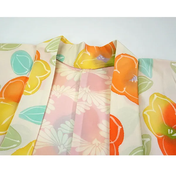 Vintage Haori Kimono Jacket Silk,Soft White base, Vibrant Camellia Flowers