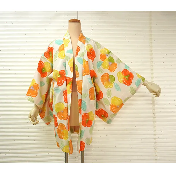 Vintage Haori Kimono Jacket Silk,Soft White base, Vibrant Camellia Flowers